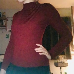 Wine red turtleneck ribbed tight sweater-small